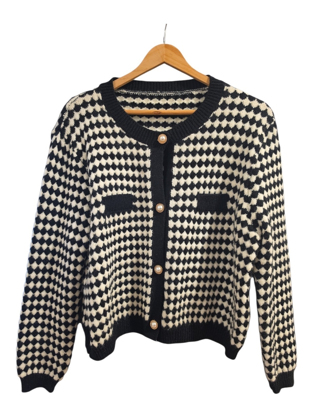 Black & White Checkered Pearl Button-Front Cardigan Size Large